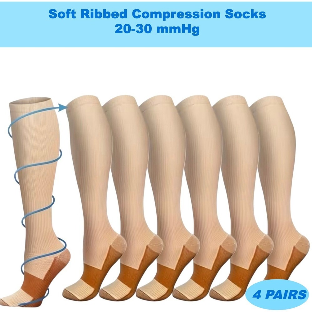 Unisex 20-30 mmHg Compression Socks L/XL Knee High Medical Beige Rib 4 Pack‎ NEW